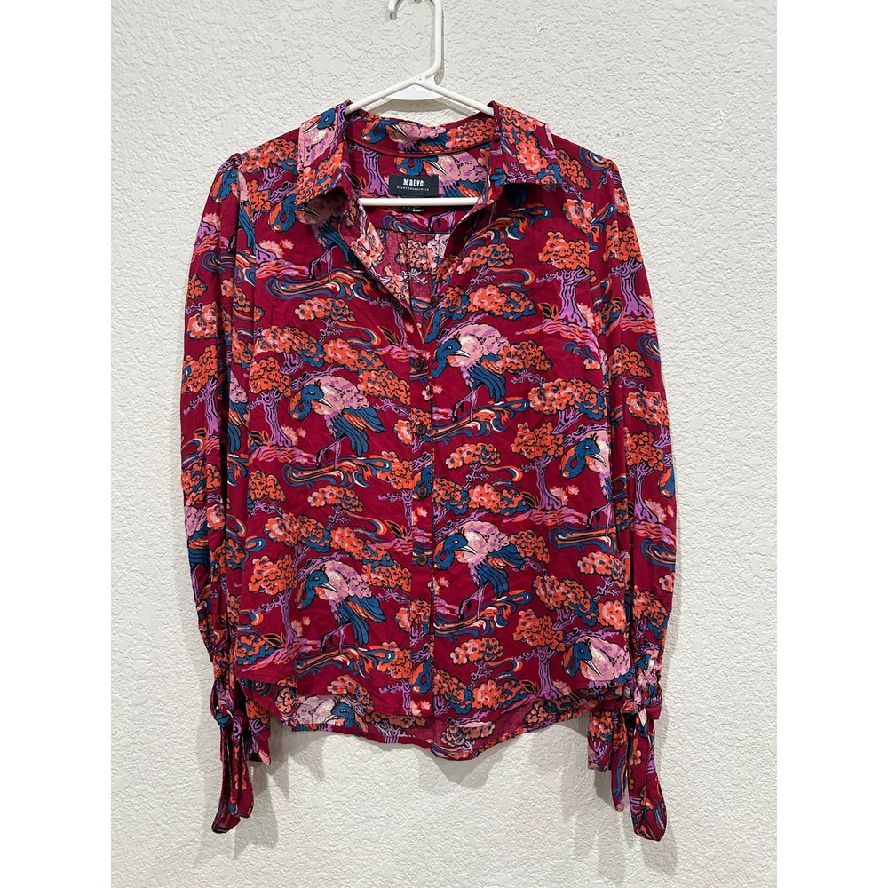 Maeve Anthropologie Red Crane Print Viscose Button Down Blouse Tie Cuff Size 2